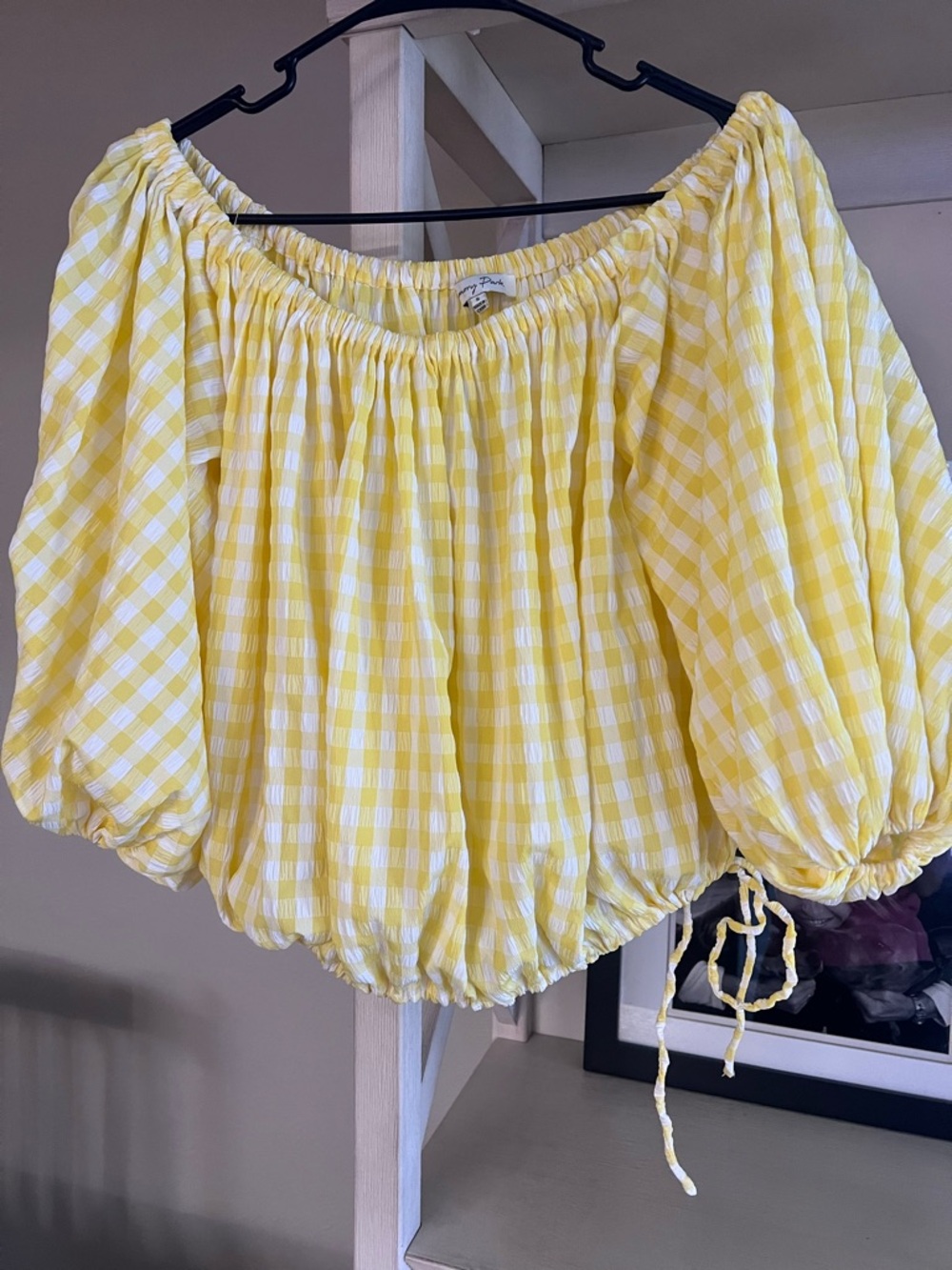 emory park Yellow Gingham Off-Shoulder Crop Top